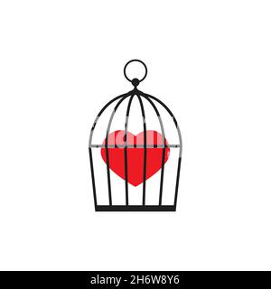 Locked bird cage with red heart icon. Trap, imprisonment, jail concept. Hidden emotions and feelings. Secret unhappy love. Stock Vector