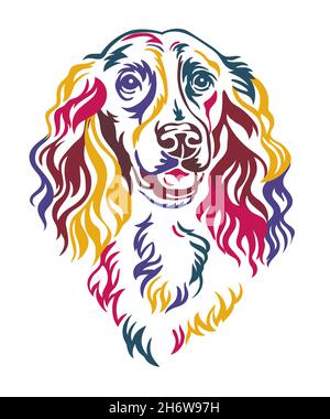 Spaniel dog color contour portrait. Dog head in front view vector illustration isolated on white. For decor, design, print, poster, postcard, sticker, Stock Vector