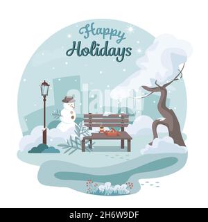 Beautiful winter landscape in a circle. A bench with hot coffee or tea and biscuits. Snowman and snow-covered tree on the urban background. City park. Stock Vector
