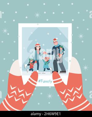 A photograph with a family in hand. Winter Christmas concept. Family photo on a background of snowflakes. Vector illustration in a flat style. Stock Vector