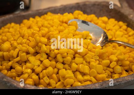 Salad buffet in the restaurant, bowl with pieces of corn,. Stock Photo