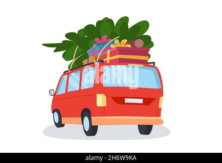 Car with gifts and christmas tree. A cute red van. Flat cartoon style vector illustration. Stock Vector
