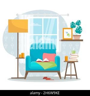 Chair in livingroom with table, books and window. Vector illustration. in flat style. Stock Vector