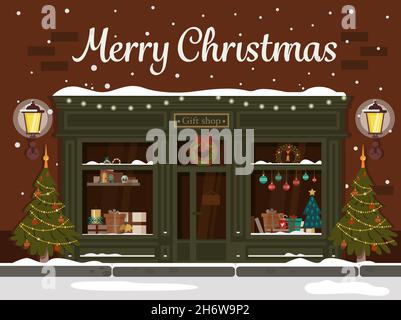 Christmas gift shop. Decorated building facade. Vector illustration in a flat style. Stock Vector