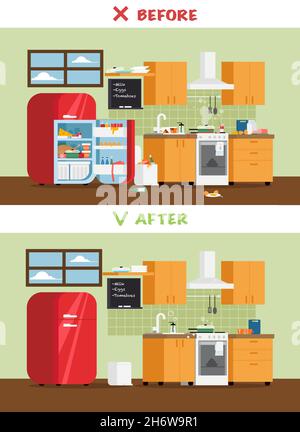 Clean and dirty kitchen with fridge, kitchen stove and sink in a cozy style. A concept for cleaning companies. Before and After Cleaning. Flat vector Stock Vector