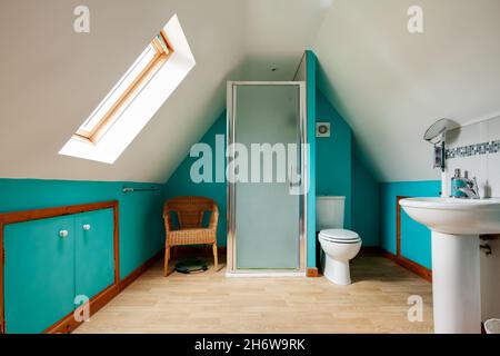 Kedington, Suffolk, November 19 2019: Shower room with steeply sloping ceiling simply decorated with white and green painted walls, shower cubicle, wc Stock Photo