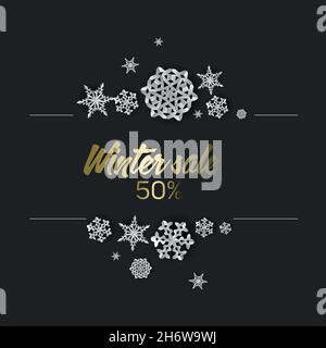 Winter cool minimalist sale circle label made from minimalist paper cut snowflakes with place for your text. Winter discount flyer banner social media Stock Vector