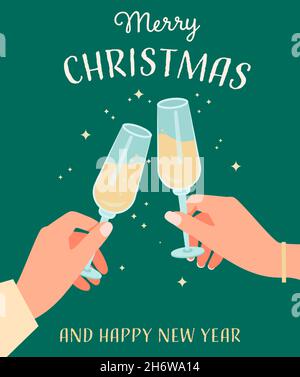 Female and male hand with a glass of champagne. Merry Christmas and Happy New Year. Vector illustration. Stock Vector