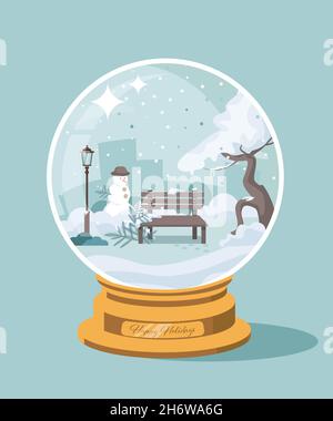 Glass snow globe with flying snow, bench, tree and snowman. Vector illustration. Stock Vector