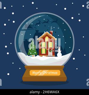 Glass snow globe with house, Christmas tree and snowman. Santa claus and reindeer. Vector illustration in a flat style. Stock Vector