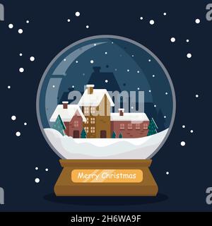 Glass snow globe with the old city. Cozy old town with Christmas trees. Vector illustration in a flat style. Stock Vector