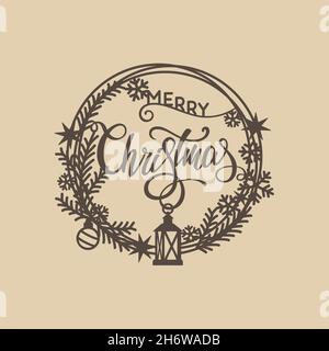 Christmas Wreath vector. Christmas door hanger for laser cut, paper cut or decal. Christmas decoration vector file. Christmas ornaments files for cut. Stock Vector