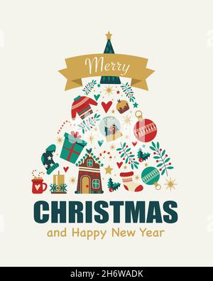 Happy Christmas and Happy New Year greeting card. Festive symbols and traditions. Vector illustration in flat style. Stock Vector