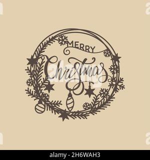 Christmas Wreath vector. Christmas door hanger for laser cut, paper cut or decal. Christmas decoration vector file. Christmas ornaments files for cut. Stock Vector