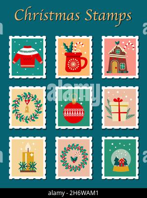 Set of cute postal stamps with Christmas decoration symbols. Vector illustration. Stock Vector
