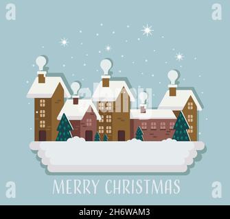 Snowy Christmas houses. Winter old town with fir trees. Vector illustration in a flat style. Stock Vector