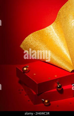 Majestic red podium with gift boxes and gold Christmas decor Red ...