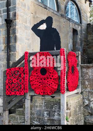 Poppy display marking the 100th anniversary of the Royal British Legion in 2021 at the Castle in  Knaresborough Yorkshire England Stock Photo