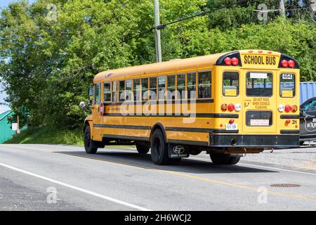 Burk's Falls, Ontario, Canada - August 31, 2021: Rear view of yellow school bus driving down road. Stock Photo
