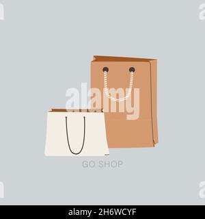 GO SHOP. Shopping bags made of paper or cardboard. Vector eco friendly bag. Stock Vector