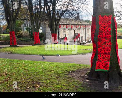 Poppy display marking the 100th anniversary of the Royal British Legion in 2021 at the Castle in  Knaresborough Yorkshire England Stock Photo