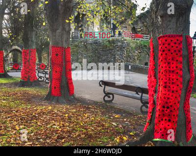 Poppy display marking the 100th anniversary of the Royal British Legion in 2021 at the Castle in  Knaresborough Yorkshire England Stock Photo