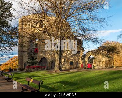 Poppy display marking the 100th anniversary of the Royal British Legion in 2021 at the Castle in  Knaresborough Yorkshire England Stock Photo