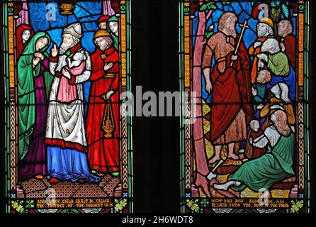 A stained glass window by Frederick Preedy depicting Presentation in the Temple and John the Baptist, St Lawrence Church, Weston-Sub-Edge, Gloucs Stock Photo