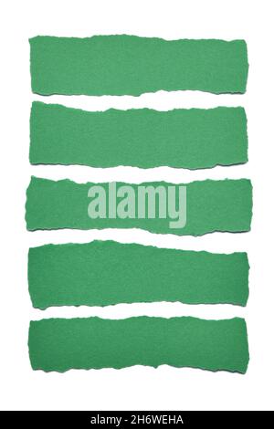 Collection of green paper stripes with torn edges isolated on white background Stock Photo