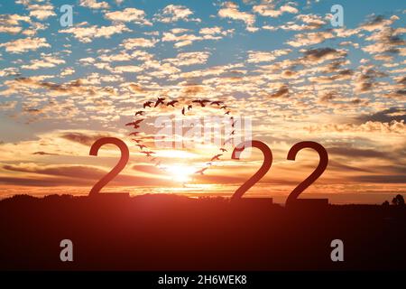 Concept of new year 2022. Silhouette of flying flock birds in shape heart with 2022 against blue sky background. Stock Photo