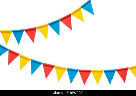 Colorful paper bunting party flags isolated on white background Stock Photo