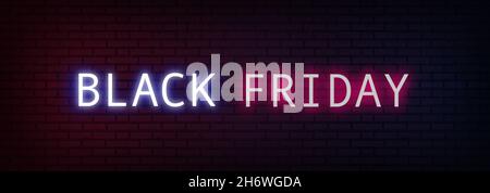 Black Friday text with neon light on brick wall background. Glowing blue and red neon text for advertising, banner and background, brochure and flyer Stock Photo