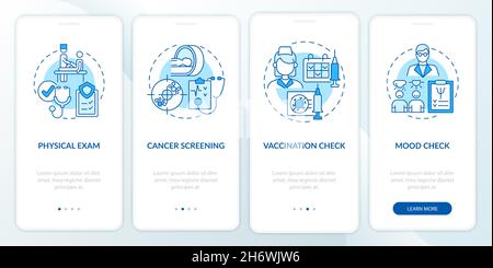 Physical examination components blue onboarding mobile app page screen Stock Vector