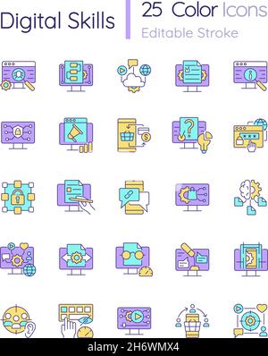Digital skills RGB color icons set Stock Vector