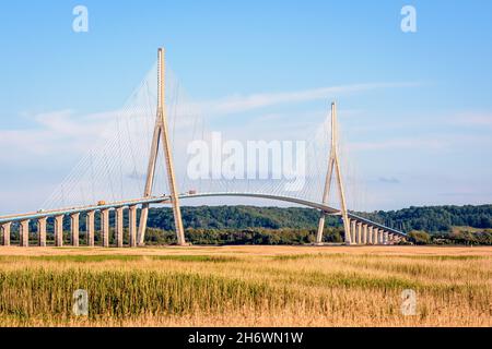General view of the Normandy bridge, a cable-stayed road bridge over the Seine linking Le Havre to Honfleur in France. Stock Photo