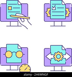 Proficiency in document management RGB color icons set Stock Vector