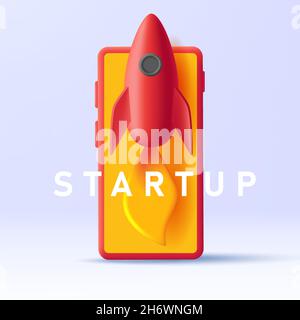 3d illustration for startup launch banner with smartphone and rocket flying from screen, 3d render style illustration Stock Vector