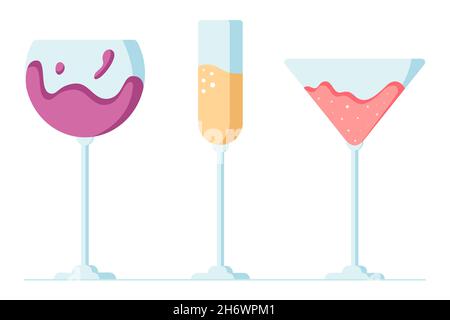 Set with glass cocktails, wine, champagne and vermouth, celebrate, cheers and drinking alcohol cocktails. Cartoon vector illustration in flat style. Stock Vector