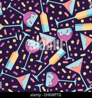 Seamless pattern with glass cocktails, wine, champagne and vermouth, celebrate, cheers and drinking alcohol cocktails. Cartoon vector illustration in Stock Vector