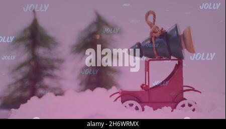 Image of jolly text over model car carrying christmas tree in snowy landscape. christmas, tradition and celebration concept digitally generated image. Stock Photo