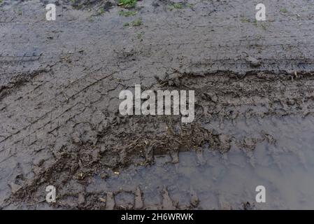 Broken dirt road after heavy rain. Swampy lagoon of a road demonstrates the most common problem in maintaining rural roads Stock Photo
