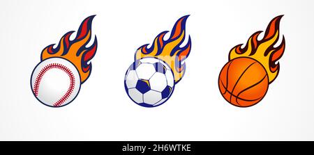 Baseball, football and basketball icons in fire. Vector design for sport team emblem or championship badge. Tournament signs baseball, soccer, basket Stock Vector