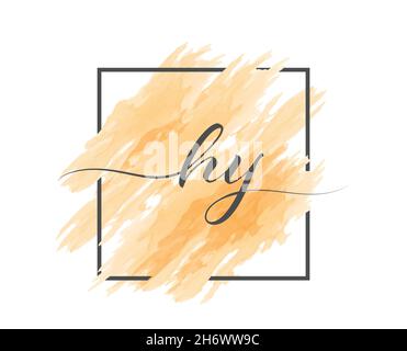 calligraphic lowercase letters H and Y are written in a solid line on a colored background in a frame. Simple Style Stock Vector