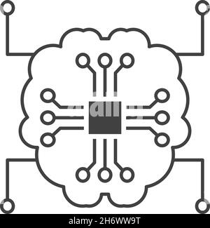 Human brain connected with a computer CPU chip circuit. AI or Artificial Intelligence concept. Outline thin line icon. Isolated. Stock Vector