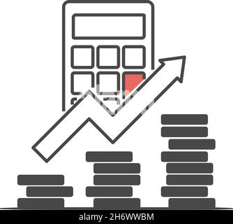 Piles of coins with calculator. Market analysis, financial stat concept. Flat style illustration. Isolated on white background. Stock Vector