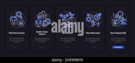 Steps to start social entrepreneurship dark onboarding mobile app page screen Stock Vector