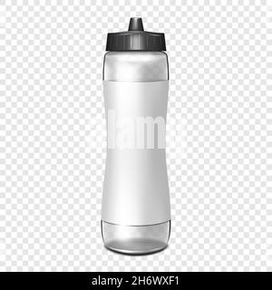 Clear water bottle with blank white label on transparent background. Vector mockup. Empty fitness sport flask mock-up Stock Vector