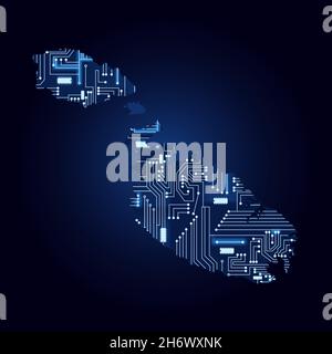 Contour map of Malta with a technological electronics circuit. Stock Vector