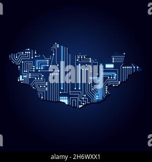 Contour map of Mongolia with a technological electronics circuit. Stock Vector