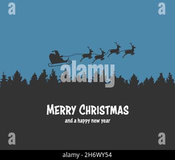 Christmas Card with silhouette of Santa Claus in sleigh pulled by reindeer above forest trees, vector illustration Stock Vector